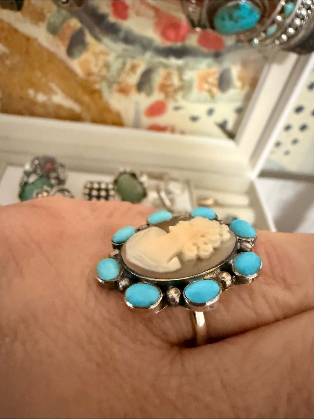Vintage Cameo Sterling Silver and Turquoise Oval Statement Ring - Picture 6 of 6